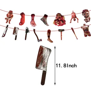 Halloween bloody weapon banner set with severed limbs and tools for scary party decoration