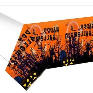 Orange Happy Halloween banner with pumpkins, ghosts, and bats for party decorations