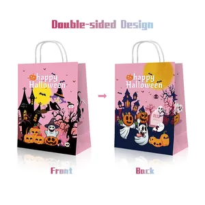 Front and back view of pink Halloween gift bags featuring double-sided cartoon design