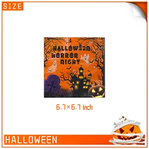 Serviettes d'Halloween orange avec motifs de château hanté et citrouilles 17x17 cm