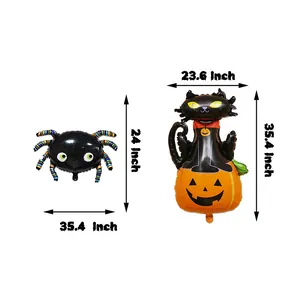 Detail of Halloween foil balloons featuring a black spider and a black cat on a pumpkin