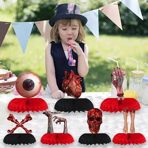 7-teilige Halloween Tischdeko mit roten und schwarzen Waben-Basis für Party-Dekoration