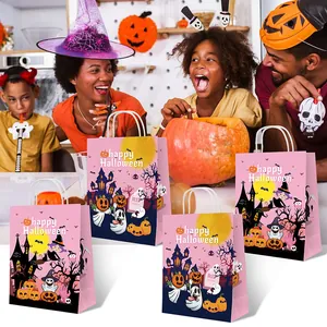Pink Halloween gift bags with cartoon ghosts and pumpkins in a festive family scene