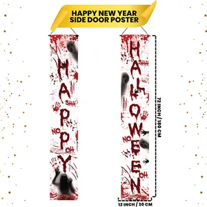 Bloody Halloween porch banners with spooky handprints and Happy Halloween text