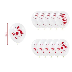 Close-up of 12-inch white latex balloons with bloody handprints for Halloween parties