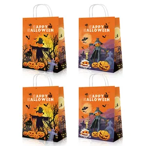 4er-Set orangefarbene Halloween-Geschenktüten aus Kraftpapier mit Vogelscheuchen-Motiv