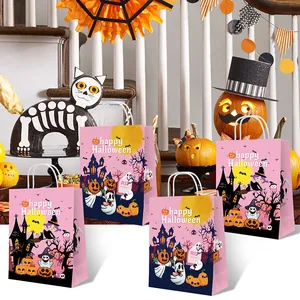 Pink Halloween paper gift bags with cartoon illustrations and white rope handles