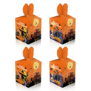 Cajas de regalo de papel naranja para Halloween con ilustraciones de calabazas y espantapájaros