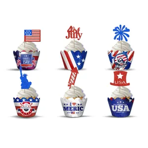 Independence Day cupcake toppers and wrappers set with glittery USA flag and fireworks