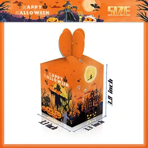 Detalle de caja naranja de Halloween con medidas de 3,3 x 3,3 x 3,9 pulgadas y arte festivo