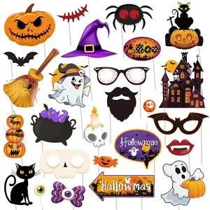 Halloween Photo Booth Props Cardstock Pumpkin Spider Witch Hat Ghost Bat Skeleton Party Decoration Photography Accessories