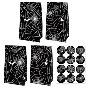 Halloween Black Spider Web Kraft Paper Gift Bag With Stickers Spooky Spider Bat Pattern For Party Favors Decoration