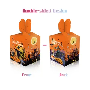 Diseño detallado de doble cara de las cajas de regalo naranjas de Halloween con iconos festivos