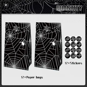 Set of 12 Halloween black spider web kraft paper bags with matching sealing stickers