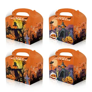 Cajas de regalo naranjas para palomitas de Halloween con calabazas y asa de mano
