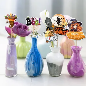 Halloween garden flag decorations with witch, ghost, and pumpkin signs in colorful vases