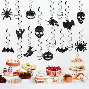 Décorations d'Halloween suspendues à paillettes noires avec motifs citrouille et sorcière