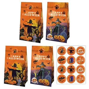Orange Halloween Kraftpapier Geschenktüten Kollektion Vogelscheuche Kürbis Fledermaus Muster Doppelseitiges Design Süßigkeitstüten Für Party Dekoration Mit Aufklebern Handgriffe