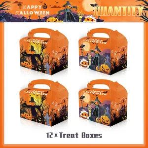 Set de 12 cajas de caramelos naranjas para Halloween con asas y dibujos de calabazas