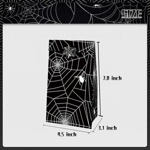 Halloween black spider web paper gift bag showing size dimensions 7.0 x 4.5 x 3.1 inches