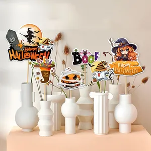 Halloween garden flag set with cartoon ghost and pumpkin in white ceramic vases