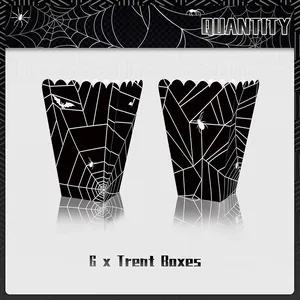 Set of 6 Halloween treat boxes featuring black and white spider web party designs