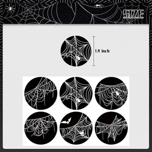 Detailed size guide for 1.4 inch Halloween spider web and bat stickers for party bags