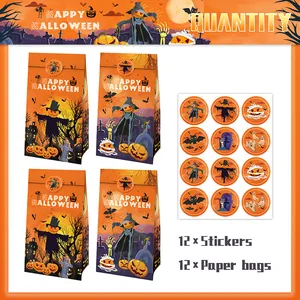 Detail von 12 Halloween Papiertüten in Orange mit Aufklebern, Kürbis- und Schlossmotiven