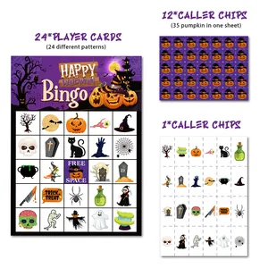 Halloween Bingo game set with 24 player cards and pumpkin chips for party supplies