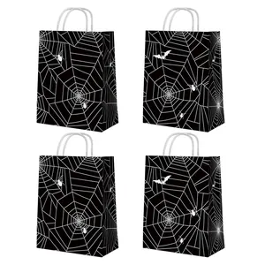 Set of 4 black Halloween gift bags with white spider web and bat prints for party decor