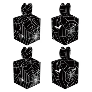 Set of four Halloween spider web treat boxes with bats and black handle design