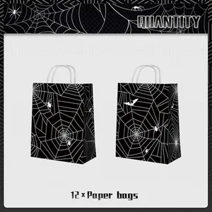 Detail of 12 Halloween paper bags with black spider web patterns and white rope handles
