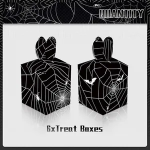 Detail of 6 Halloween treat boxes featuring black spider web and bat patterns