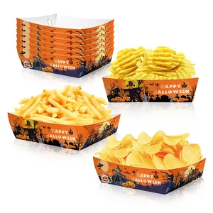 Bandejas de papel naranja para comida de Halloween con diseños de calabaza y espantapájaros
