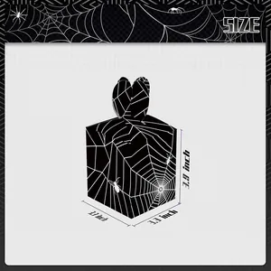 Detailed size chart for black Halloween popcorn box featuring white spider web patterns
