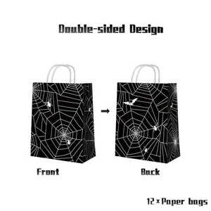 Set of 12 double-sided Halloween gift bags with black spider web and bat designs