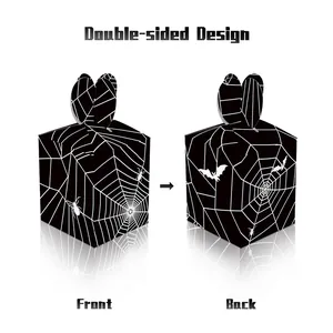 Halloween popcorn box featuring double-sided spider web design with bat patterns