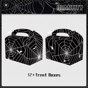 Set of 12 Halloween treat boxes featuring black spider web and bat patterns with handles