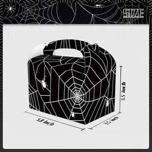 Detailed view of Halloween spider web treat box showing 5.9 by 3.5 inch dimensions