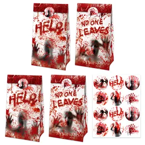 Halloween Horror Blood Handprint Kraft Paper Gift Bags With Stickers Bloody Splatter Design Party Favor Bags No One Leaves Help