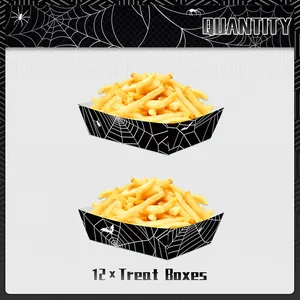 Macro view of twelve Halloween treat boxes featuring white spider webs and bat patterns