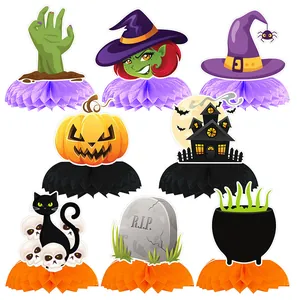 Halloween Honeycomb Table Centerpiece Decorations Purple Black Orange Paper Pumpkin Witch Ghost House Black Cat Table Ornaments For Halloween Party Home Desktop Decor