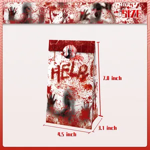 Halloween blood handprint kraft paper gift bag with HELP text and size 7x4.5x3.1 inches