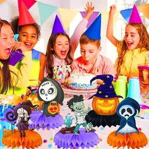 Halloween table centerpiece set with pumpkin, ghost, and witch honeycomb decorations