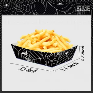 Detail view of Halloween spider web food trays showing 5.5 x 3.1 x 1.7 inch dimensions