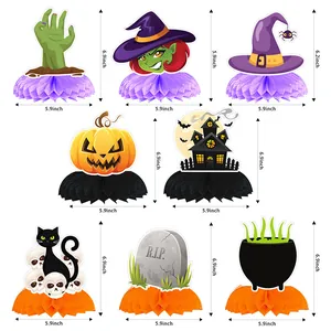 8-piece Halloween honeycomb centerpiece set with pumpkin black cat and witch designs