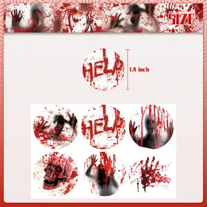 Close-up of Halloween bloody handprint stickers with HELP text and skull designs