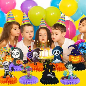 Halloween purple honeycomb centerpieces featuring pumpkin ghost and witch for party decor