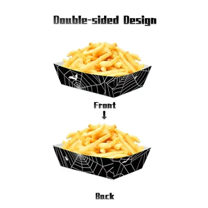 Halloween black spider web and bat print paper food trays with double-sided design