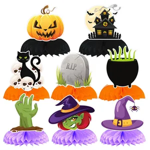 8-piece Halloween honeycomb centerpiece set featuring pumpkin, black cat, and ghost designs